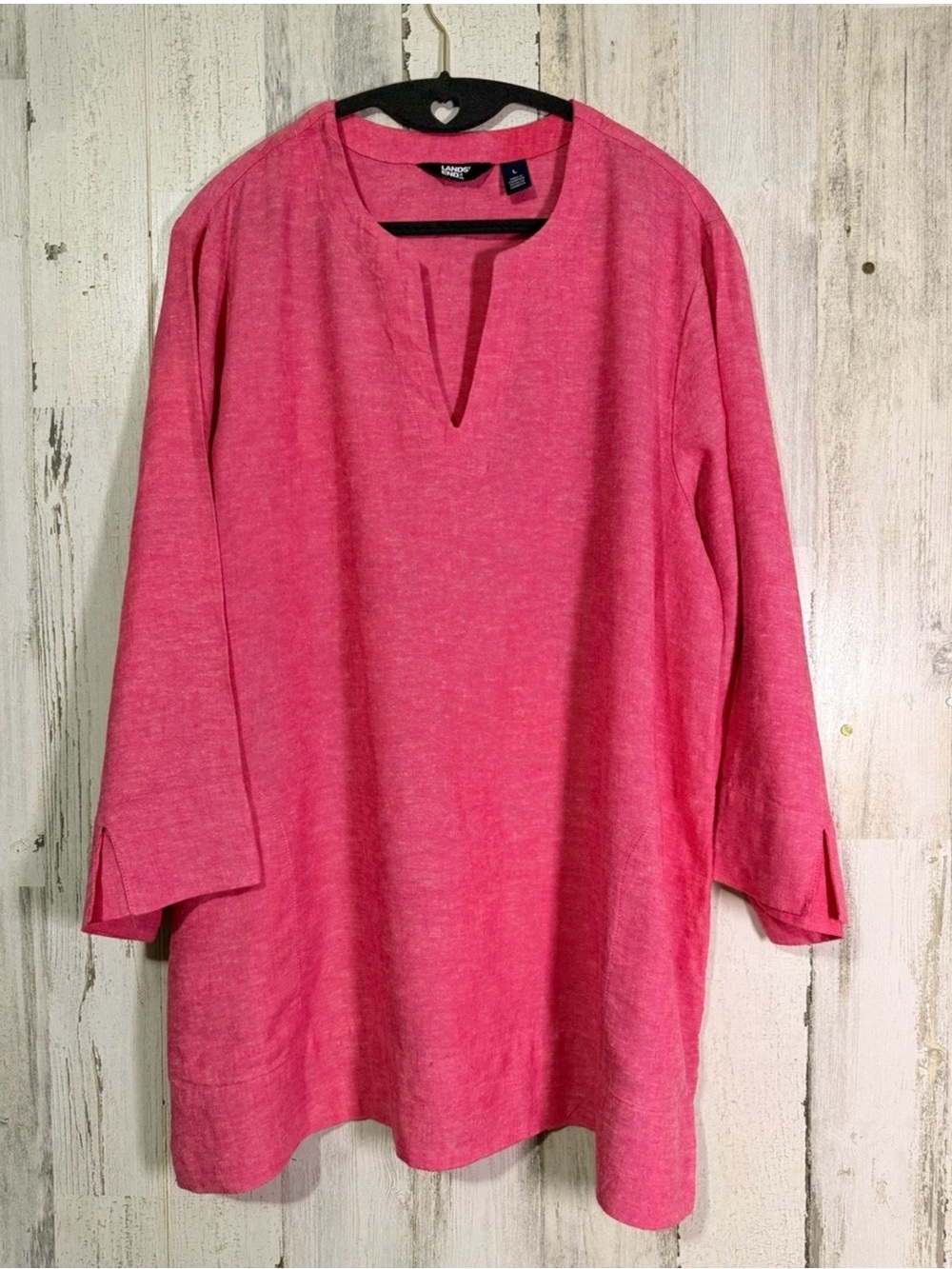 Lands' End Pink Linen Viscose Split Neck 3/4 Sleeve Tunic Top Size L